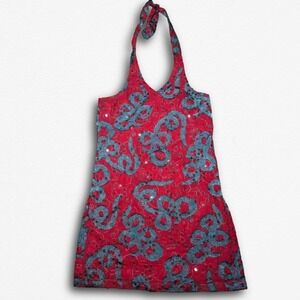 Handmade Red Teal Sequin Embroidered Halter Top Y2K Festival Mesh Flare Tank